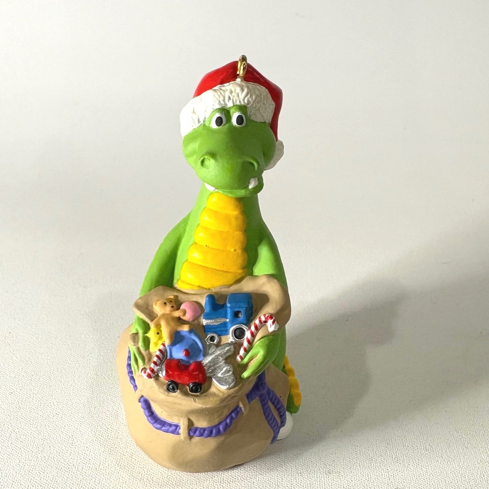 Vintage 1995 Hallmark Dragon Tales Christmas Ornament Santa Hat Toy Sack Resin